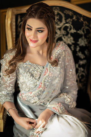 Grey Embroidered Net Saree (3-Piece) - Image 7