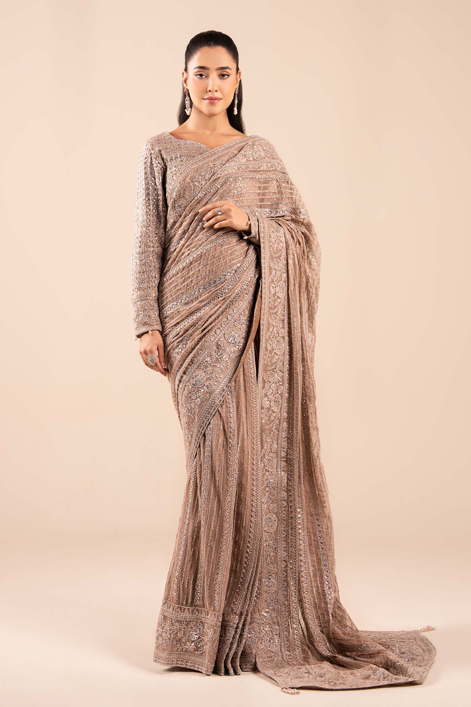 Grey Skin Embroidered Net Saree (3-Piece) - Image 1