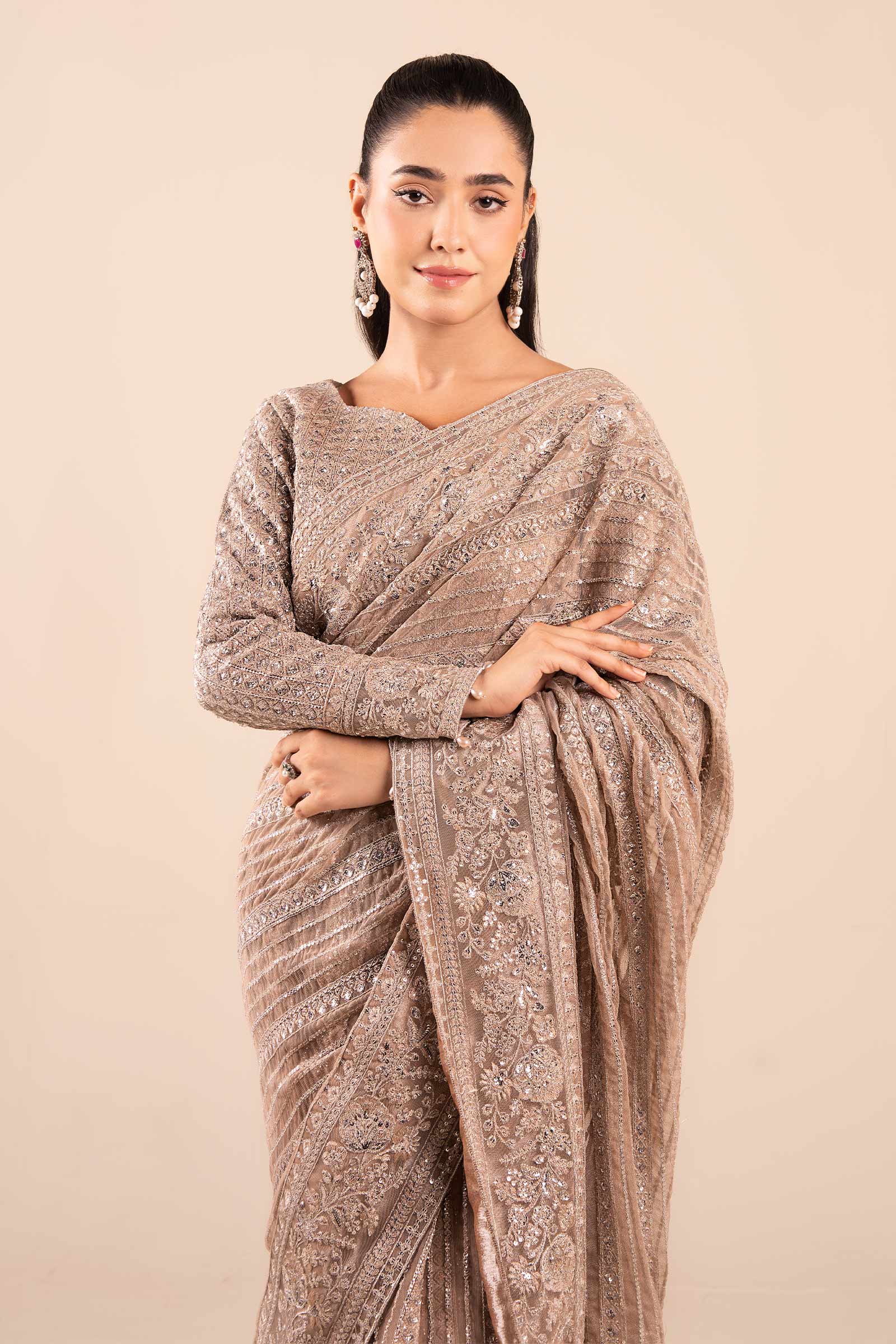 Grey Skin Embroidered Net Saree (3-Piece) - Image 3