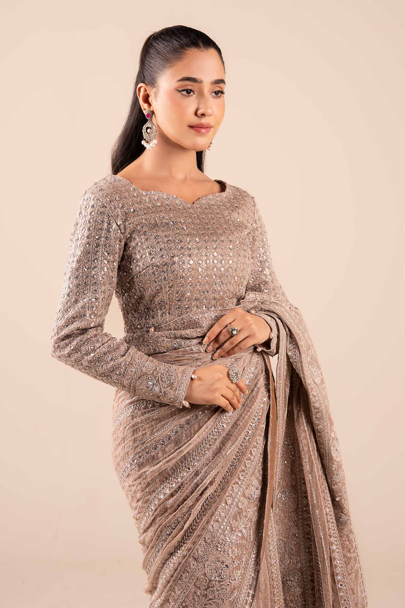 Grey Skin Embroidered Net Saree (3-Piece) - Image 4
