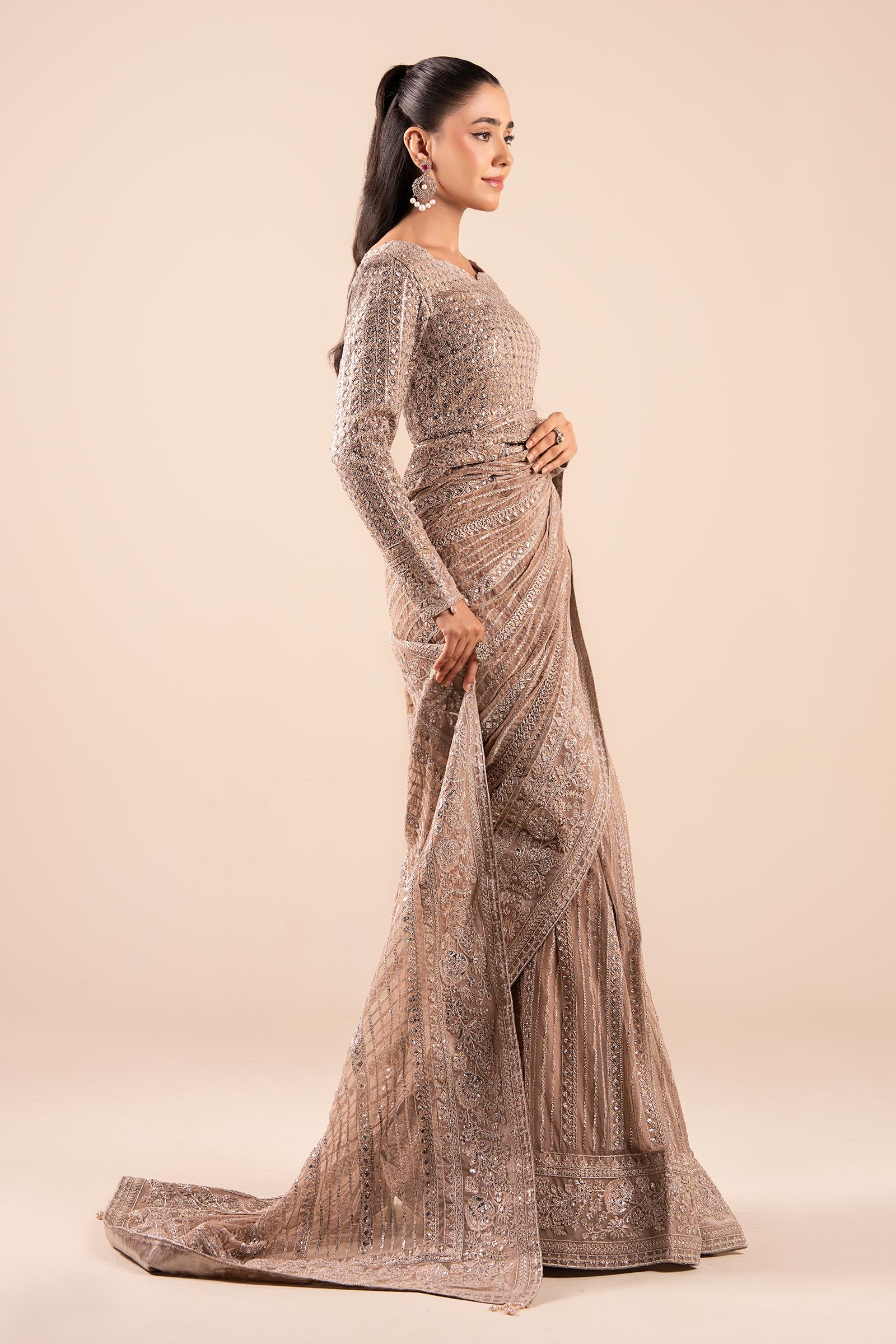 Grey Skin Embroidered Net Saree (3-Piece) - Image 5