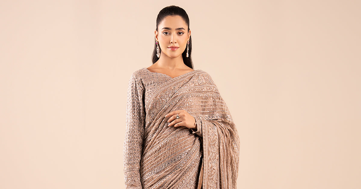 Grey Skin Embroidered Net Saree (3-Piece) - Image 6