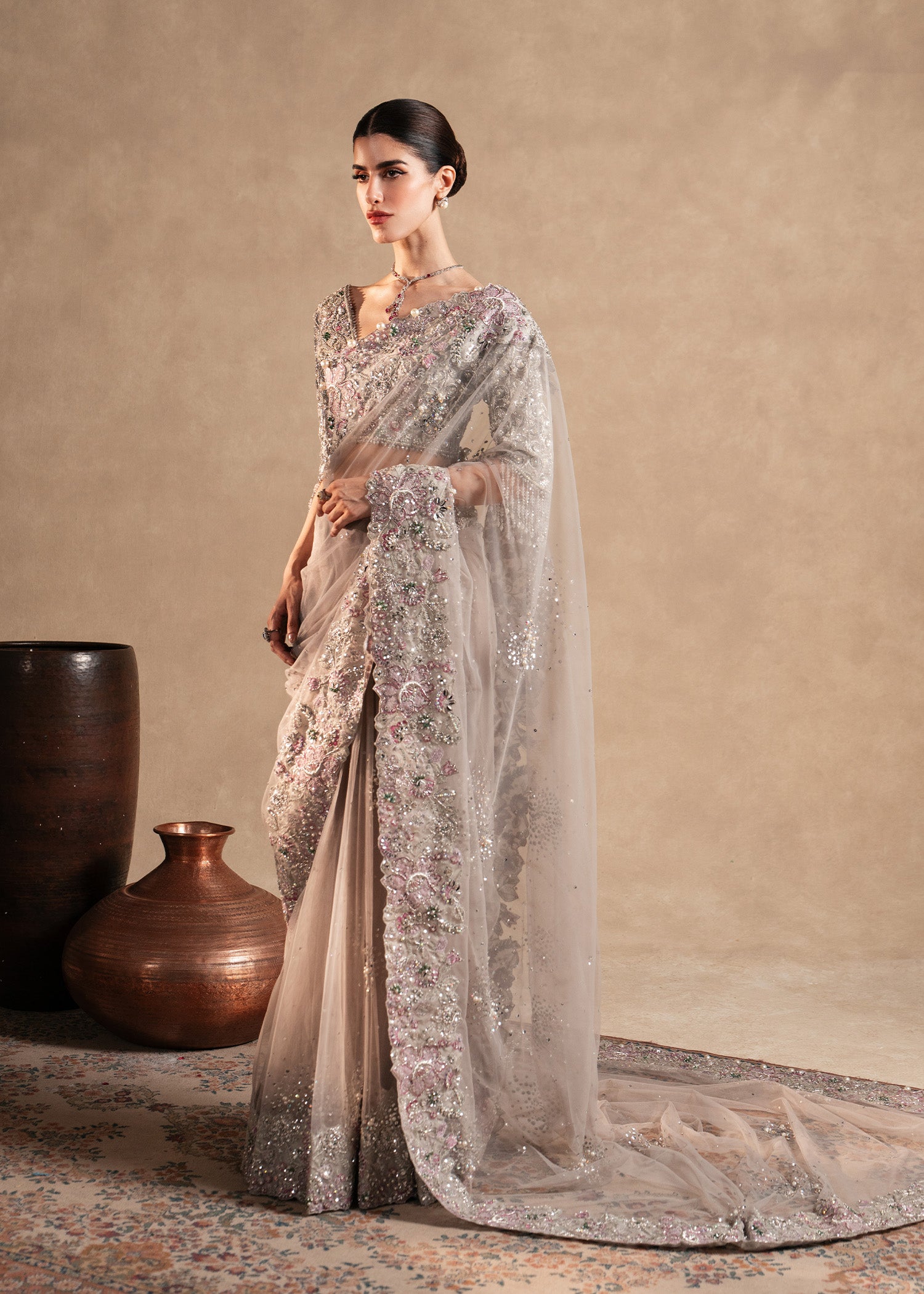 Grey Hand-Embellished Net and Tissue Saree (2-Piece) - Image 10