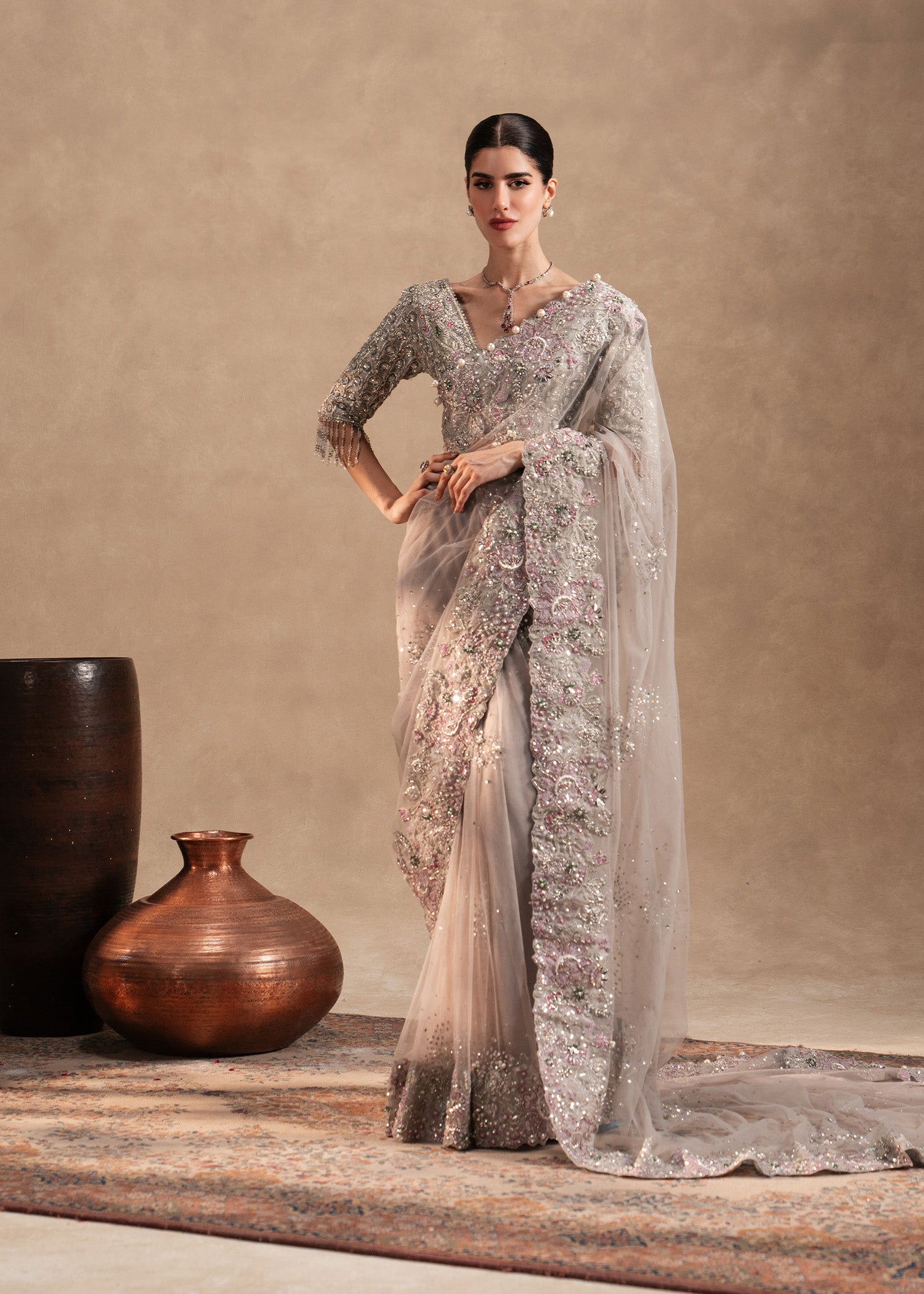 Grey Hand-Embellished Net and Tissue Saree (2-Piece) - Image 2