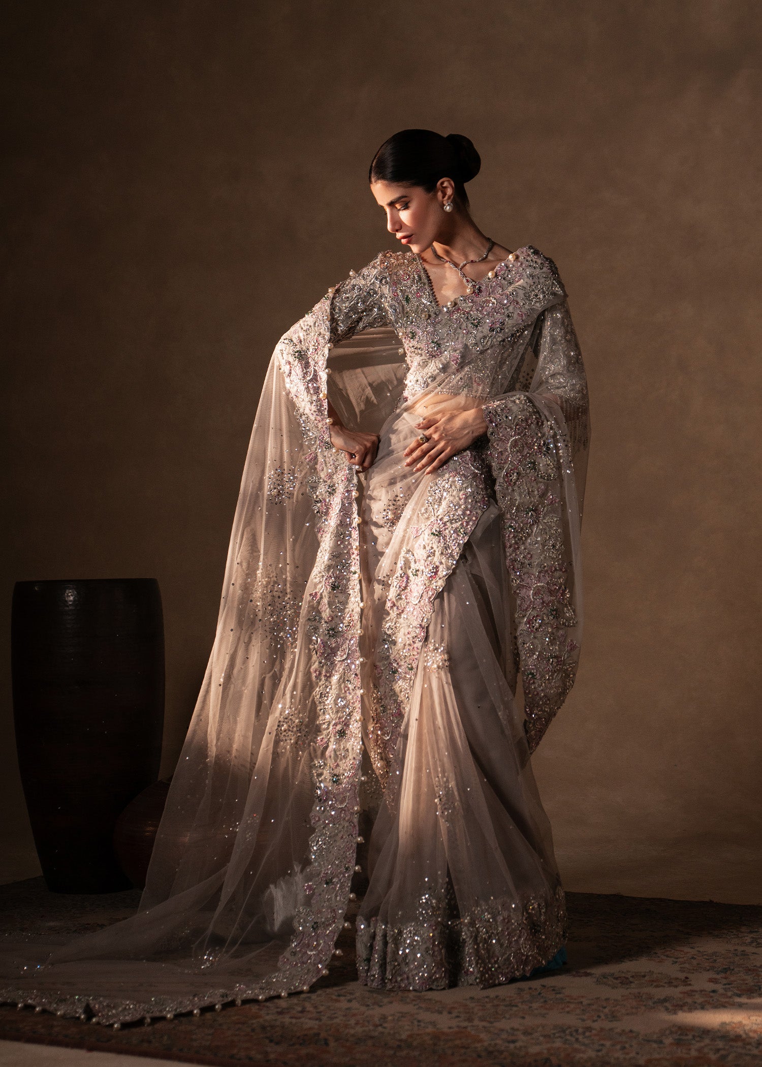 Grey Hand-Embellished Net and Tissue Saree (2-Piece) - Image 3