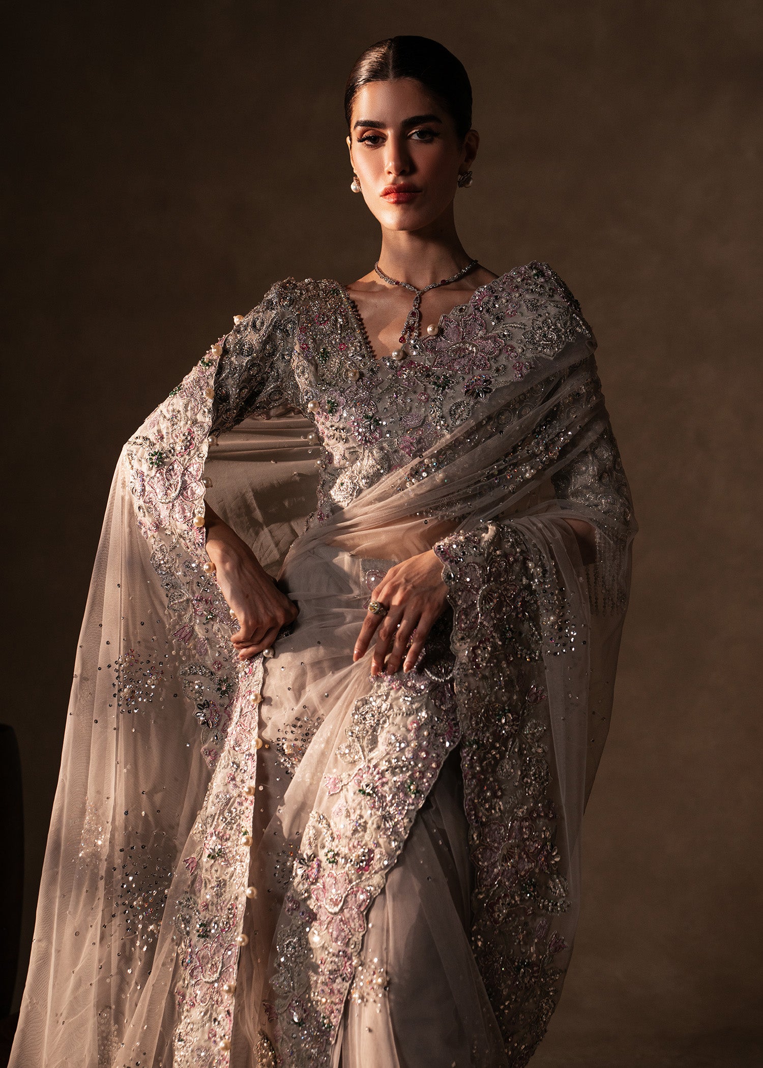 Grey Hand-Embellished Net and Tissue Saree (2-Piece) - Image 4
