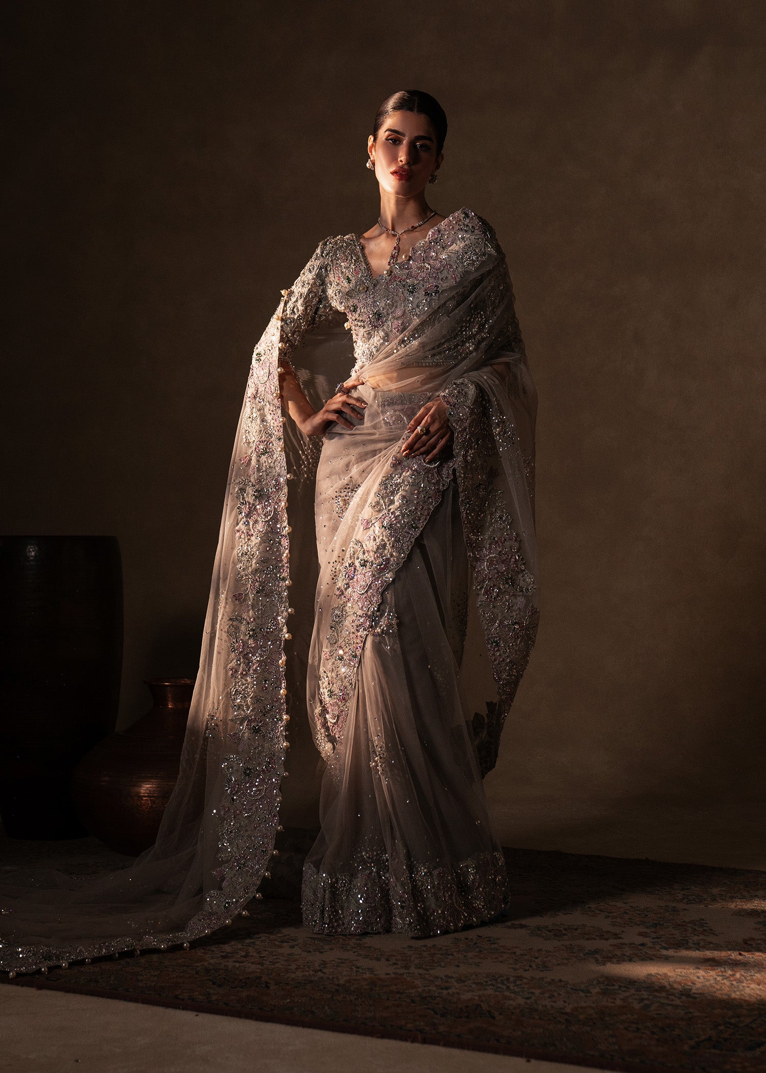 Grey Hand-Embellished Net and Tissue Saree (2-Piece) - Image 5