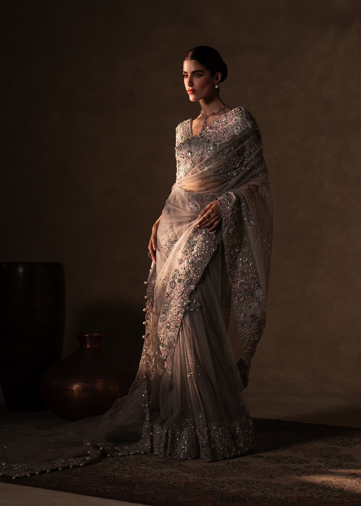 Grey Hand-Embellished Net and Tissue Saree (2-Piece) - Image 6