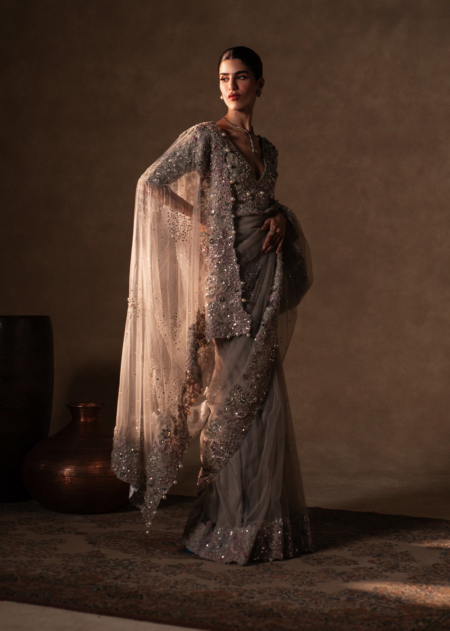 Grey Hand-Embellished Net and Tissue Saree (2-Piece) - Image 7