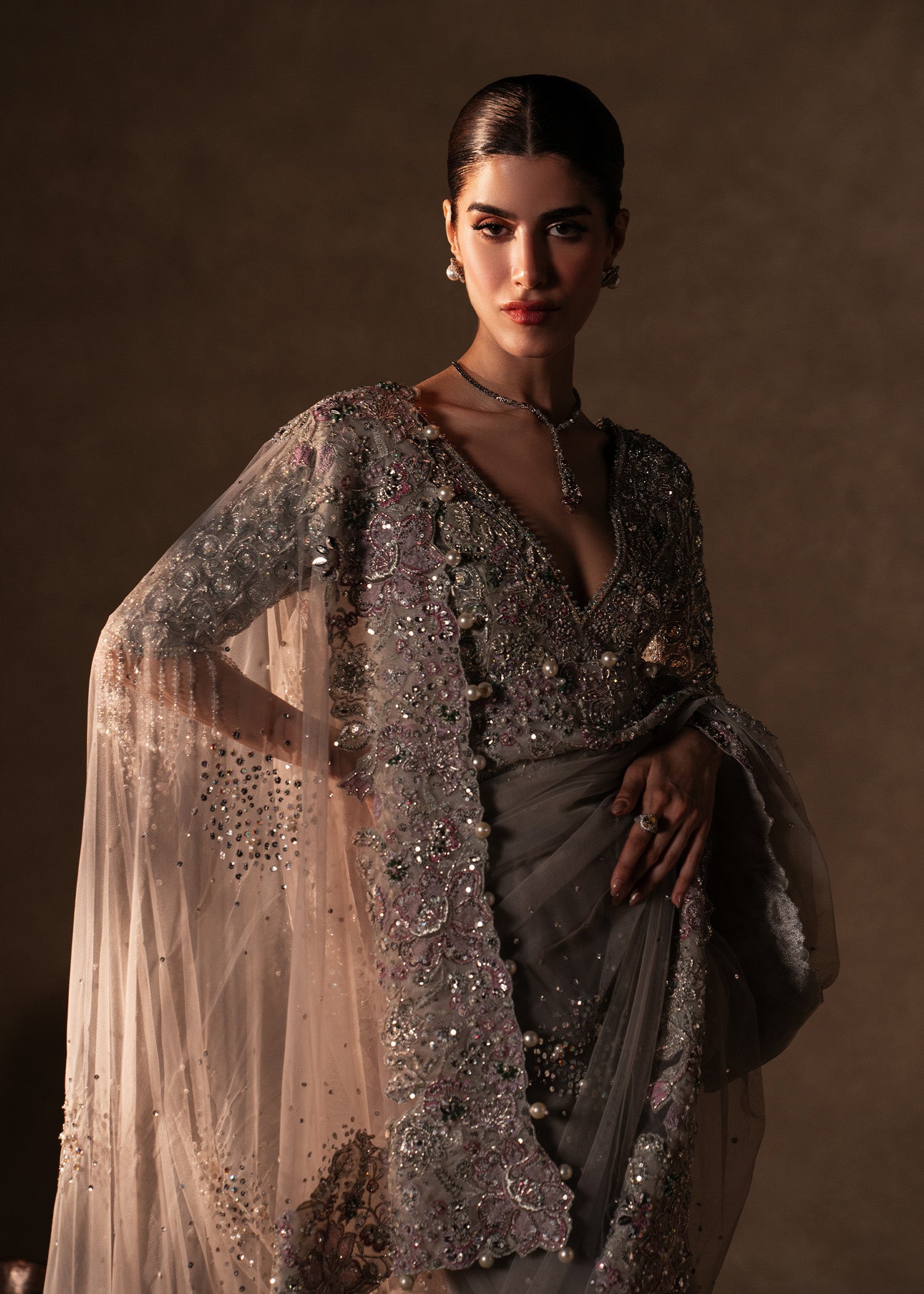 Grey Hand-Embellished Net and Tissue Saree (2-Piece) - Image 8