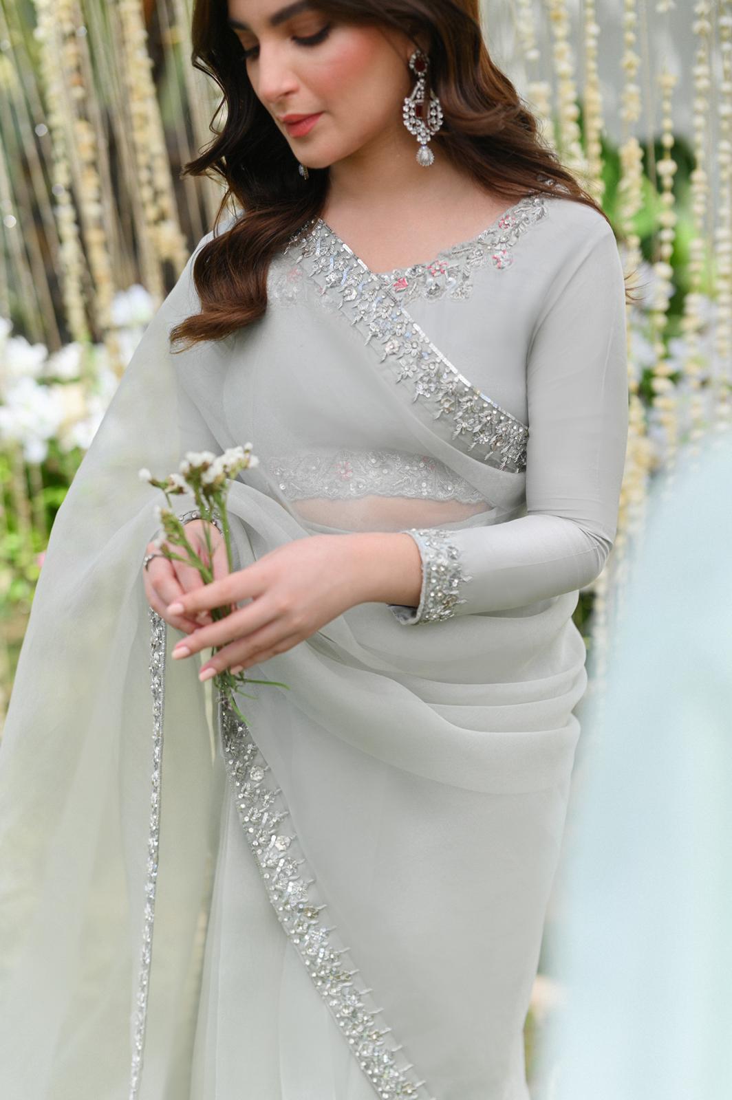 Pakistani Pastel Grey Silver Handworked Organza Saree (2-Piece) - Image 1