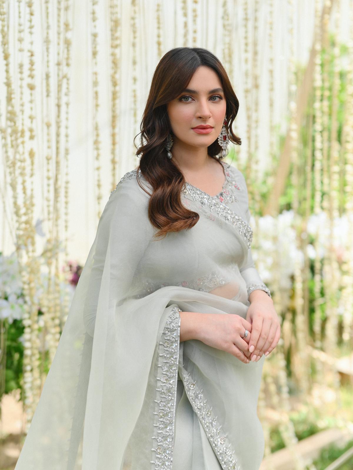 Pakistani Pastel Grey Silver Handworked Organza Saree (2-Piece) - Image 3