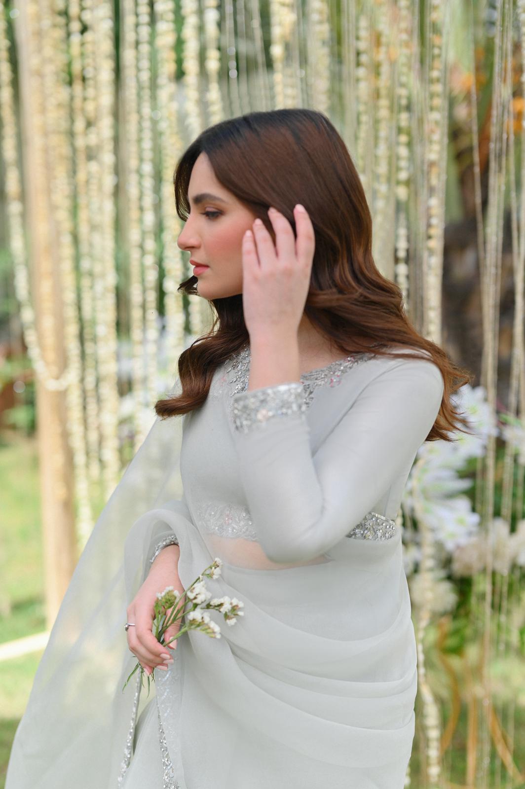 Pastel Grey Silver Handwork Organza Saree (2-Piece) - Image 4