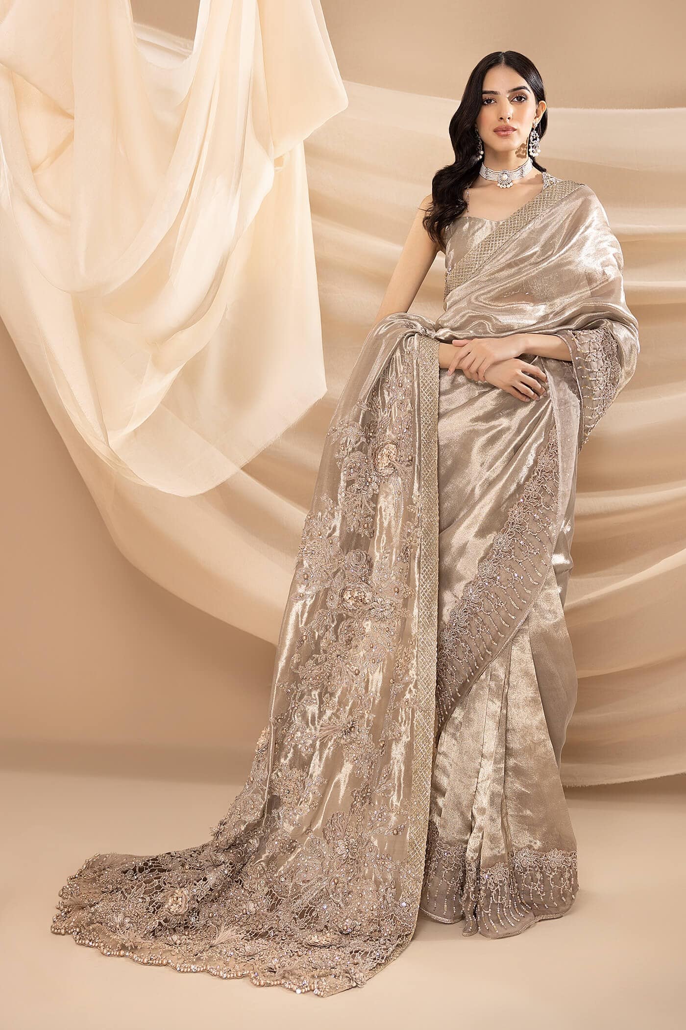 Pakistani Metallic Grey Embellished Pure Tissue Saree (2-Piece) - Image 2