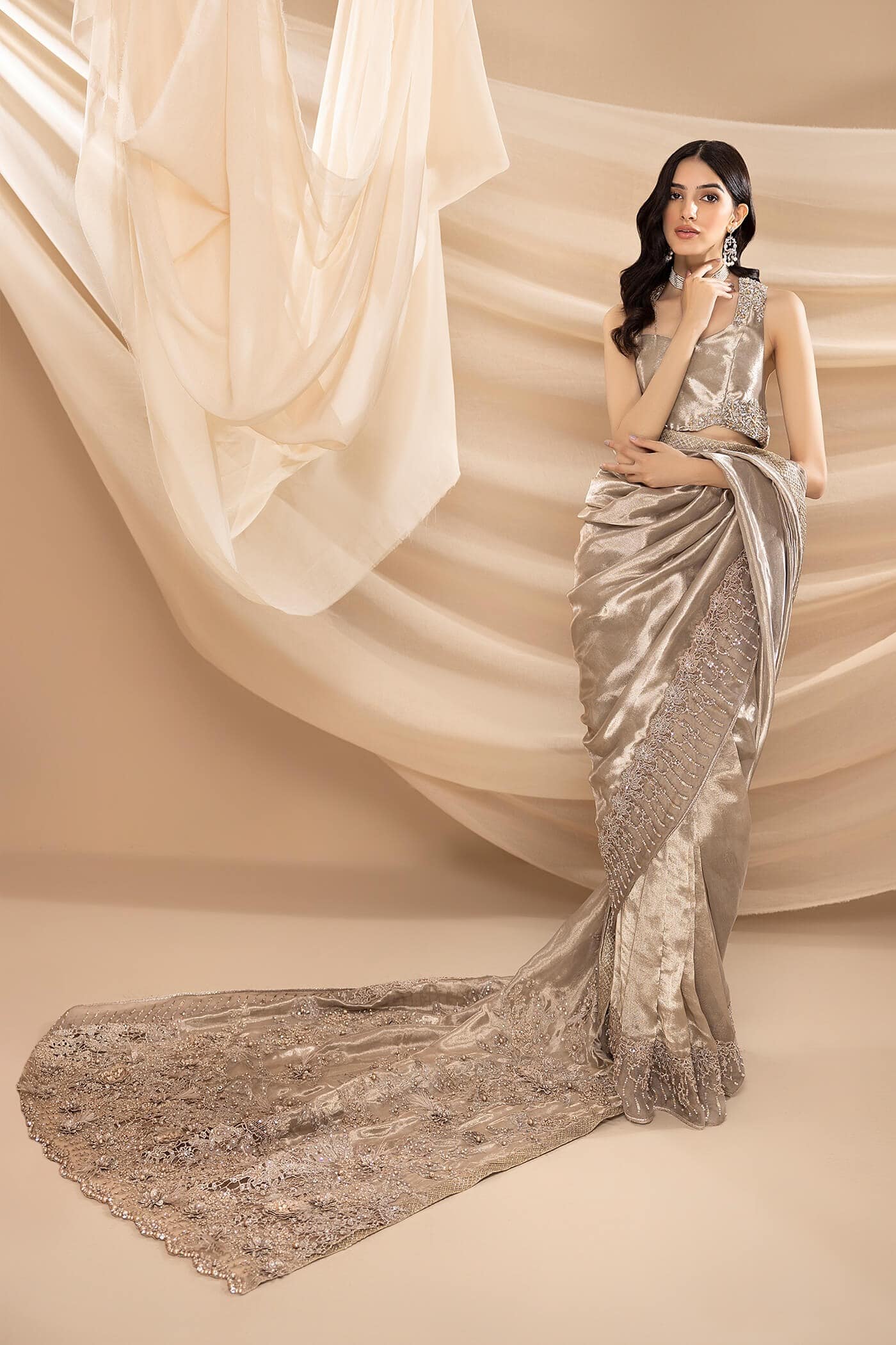 Pakistani Metallic Grey Embellished Pure Tissue Saree (2-Piece) - Image 5