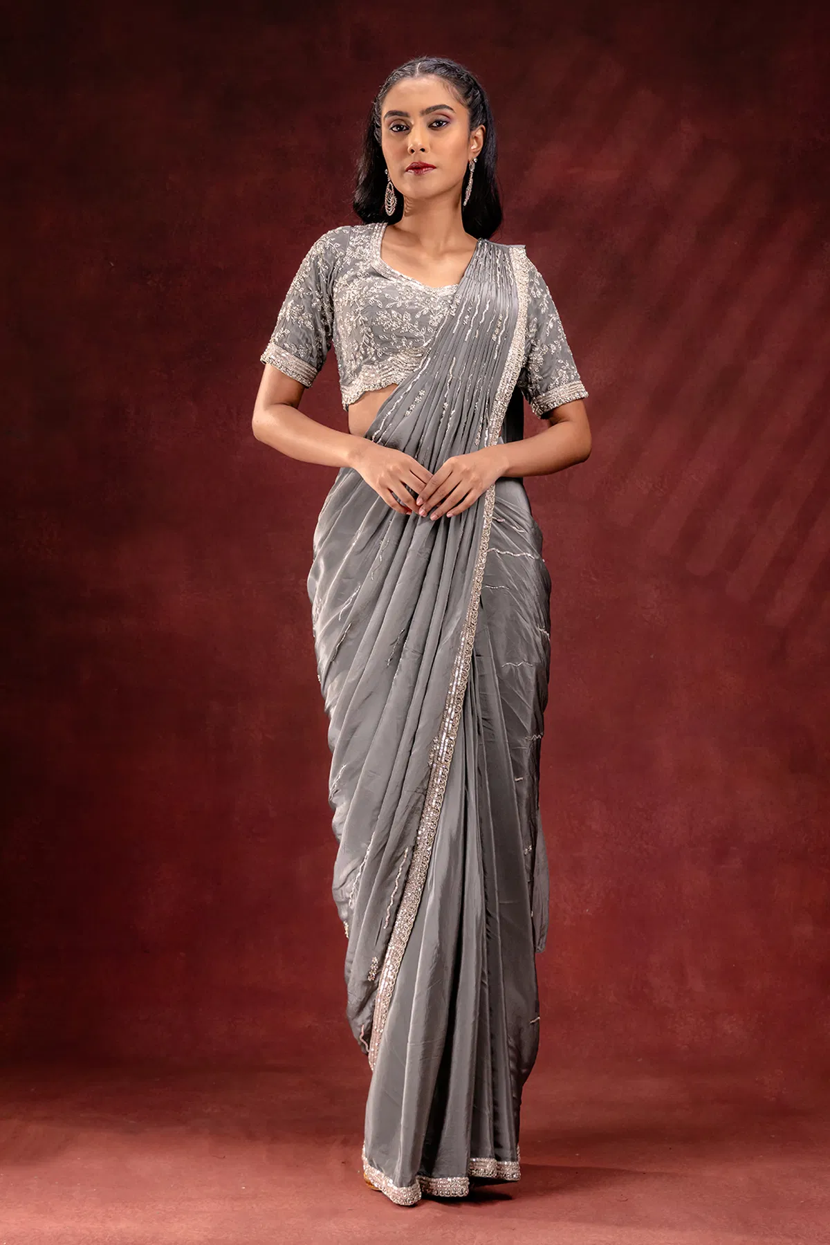 Grey Embroidered Satin Saree (2-Piece) - Image 1