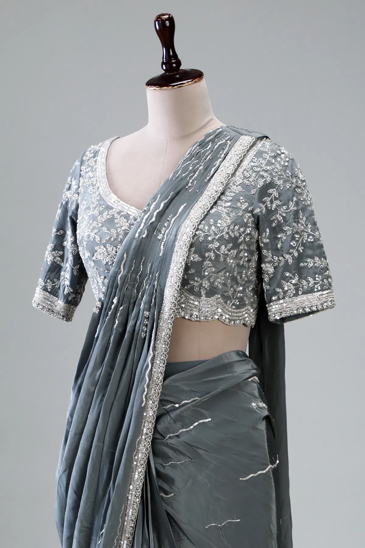 Grey Embroidered Satin Saree (2-Piece) - Image 11
