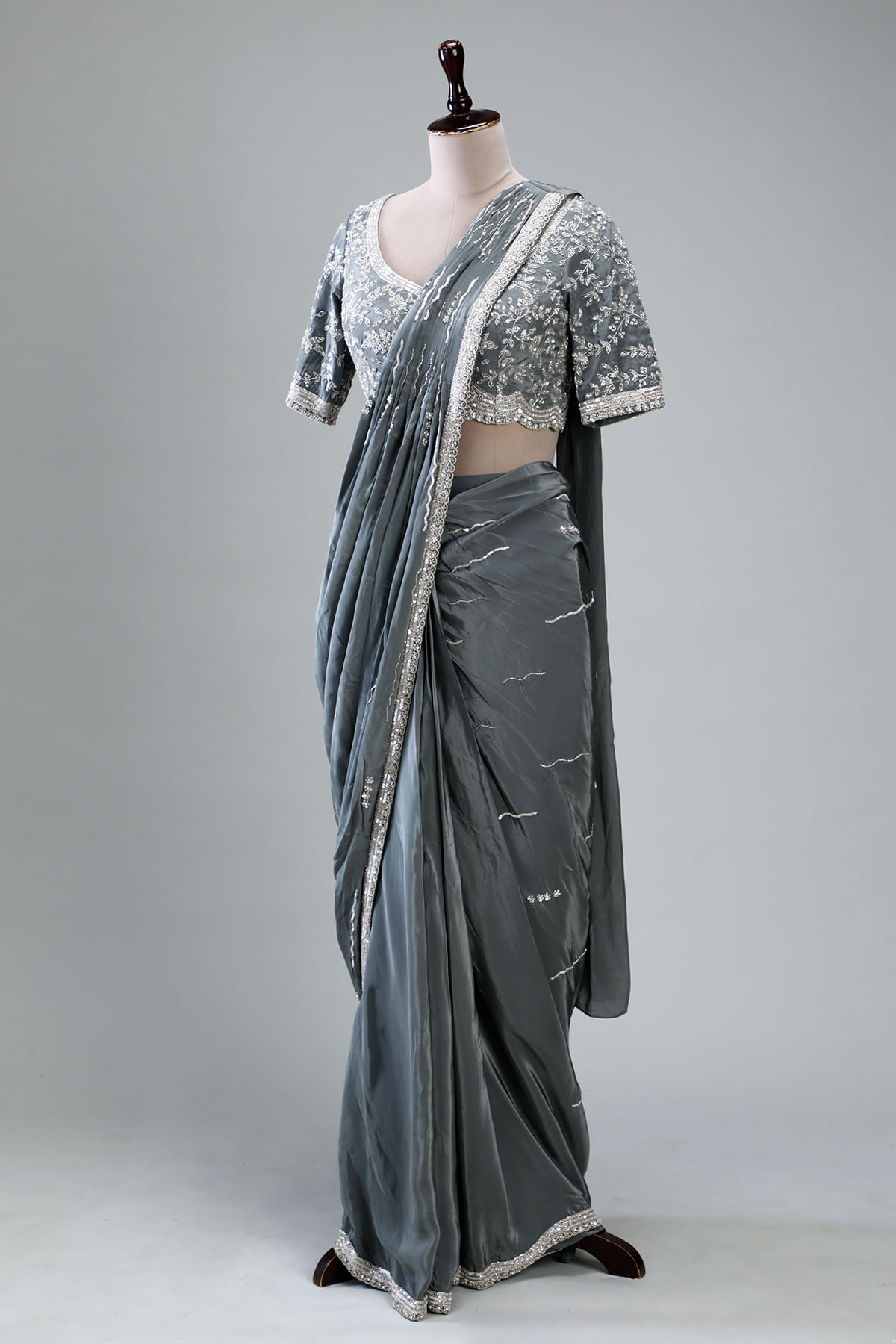 Grey Embroidered Satin Saree (2-Piece) - Image 12
