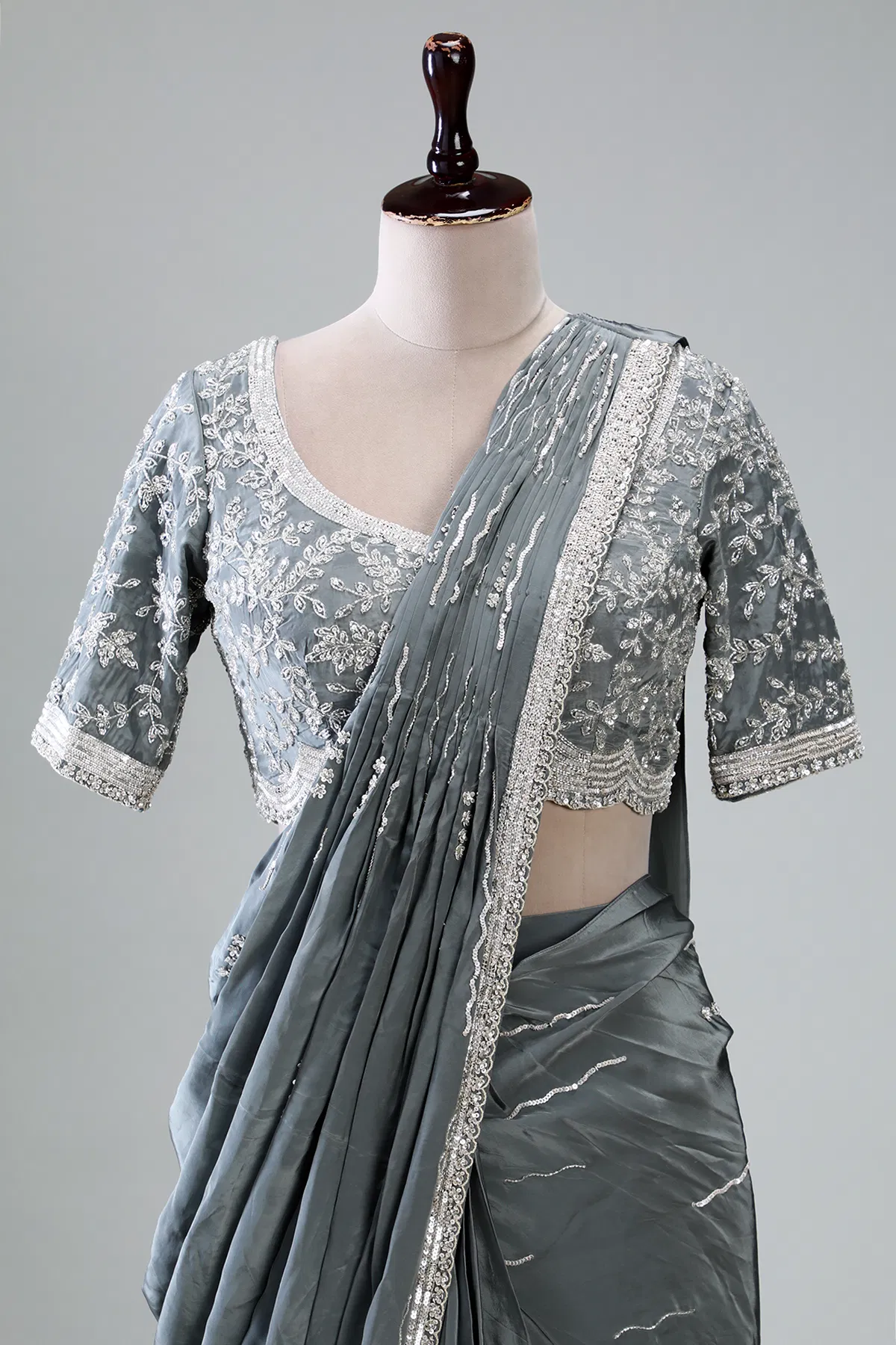 Grey Embroidered Satin Saree (2-Piece) - Image 13