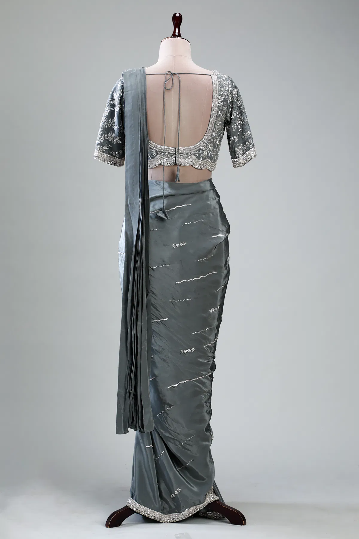 Grey Embroidered Satin Saree (2-Piece) - Image 14