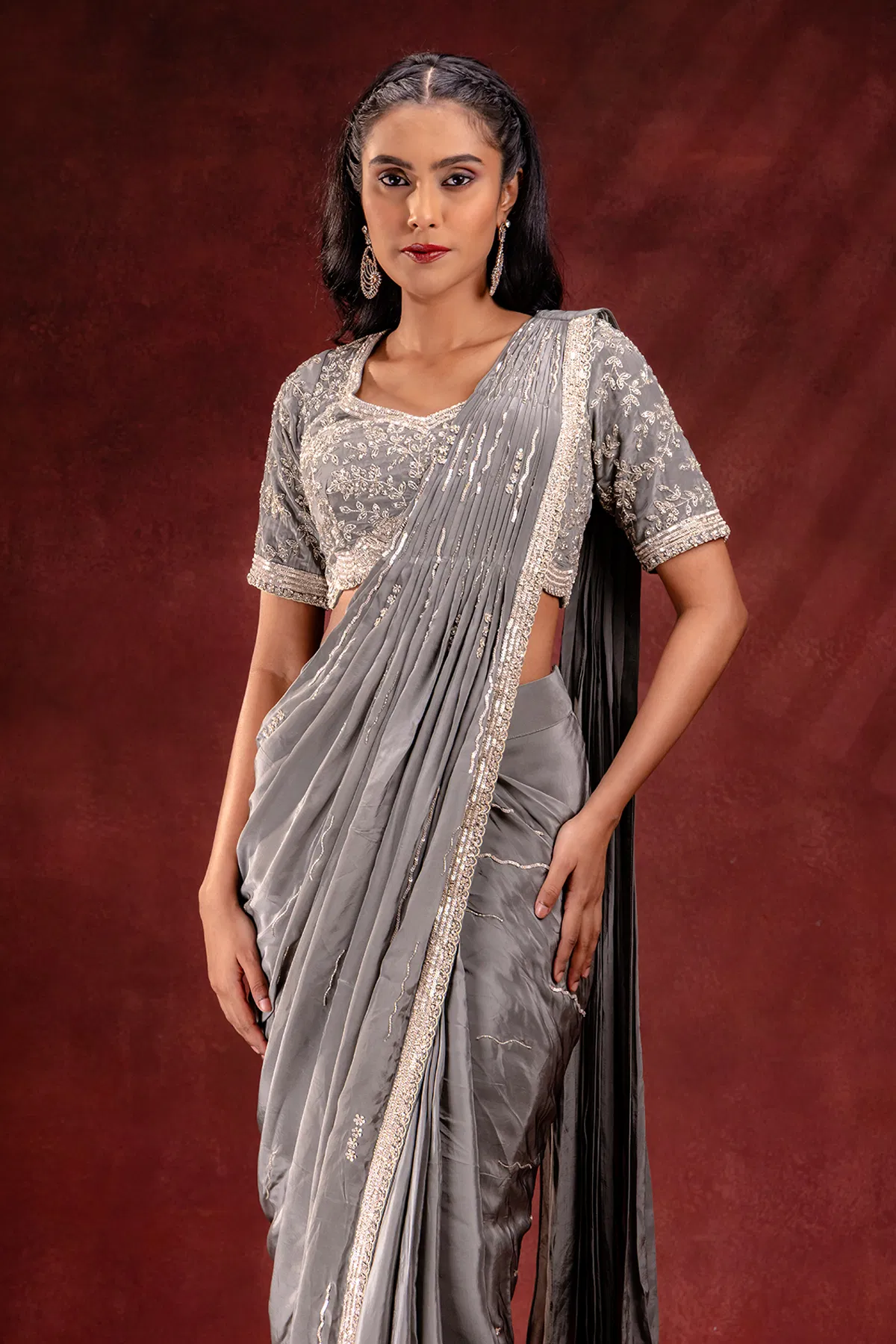 Grey Embroidered Satin Saree (2-Piece) - Image 2