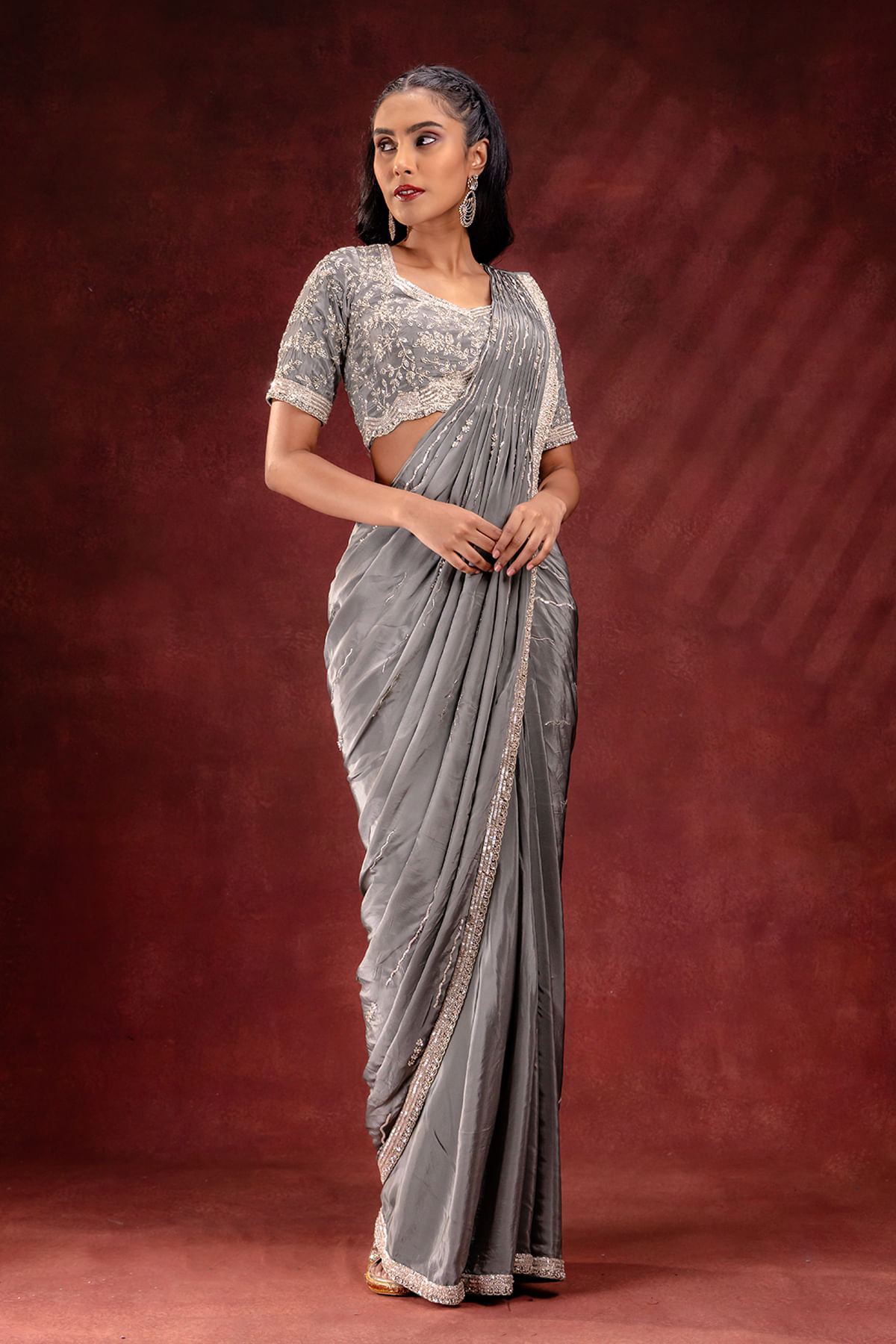 Grey Embroidered Satin Saree (2-Piece) - Image 3