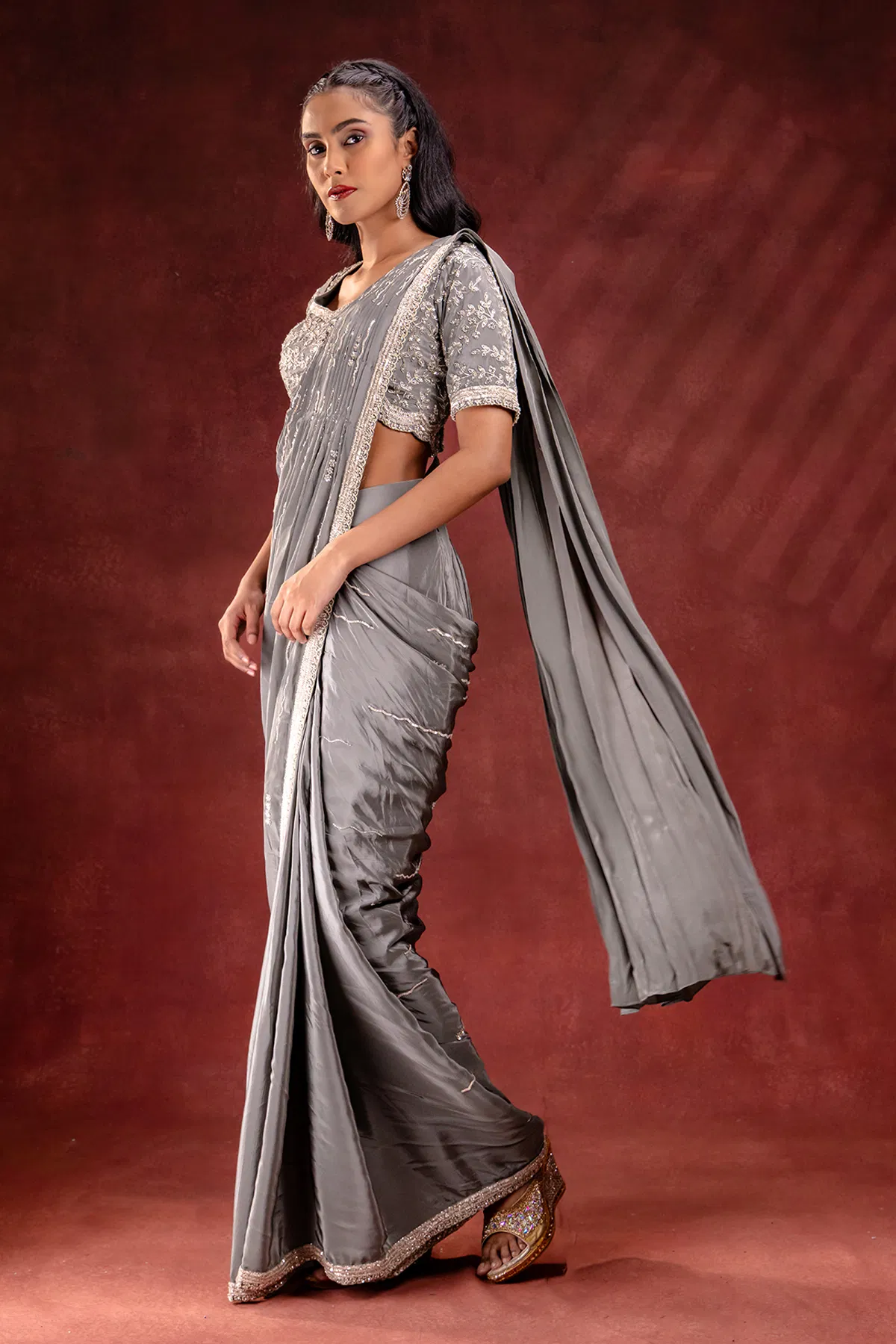 Grey Embroidered Satin Saree (2-Piece) - Image 4