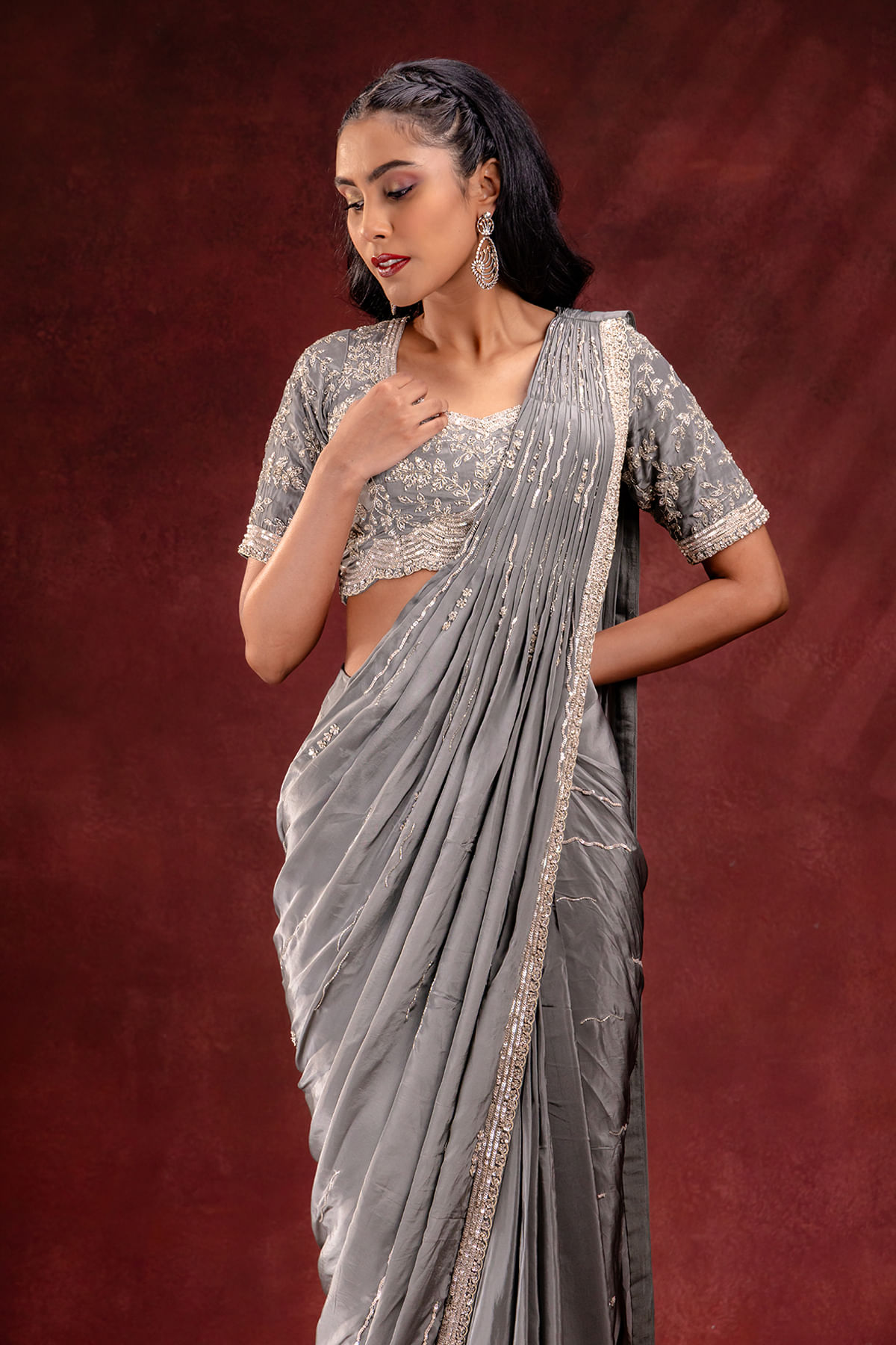 Grey Embroidered Satin Saree (2-Piece) - Image 5