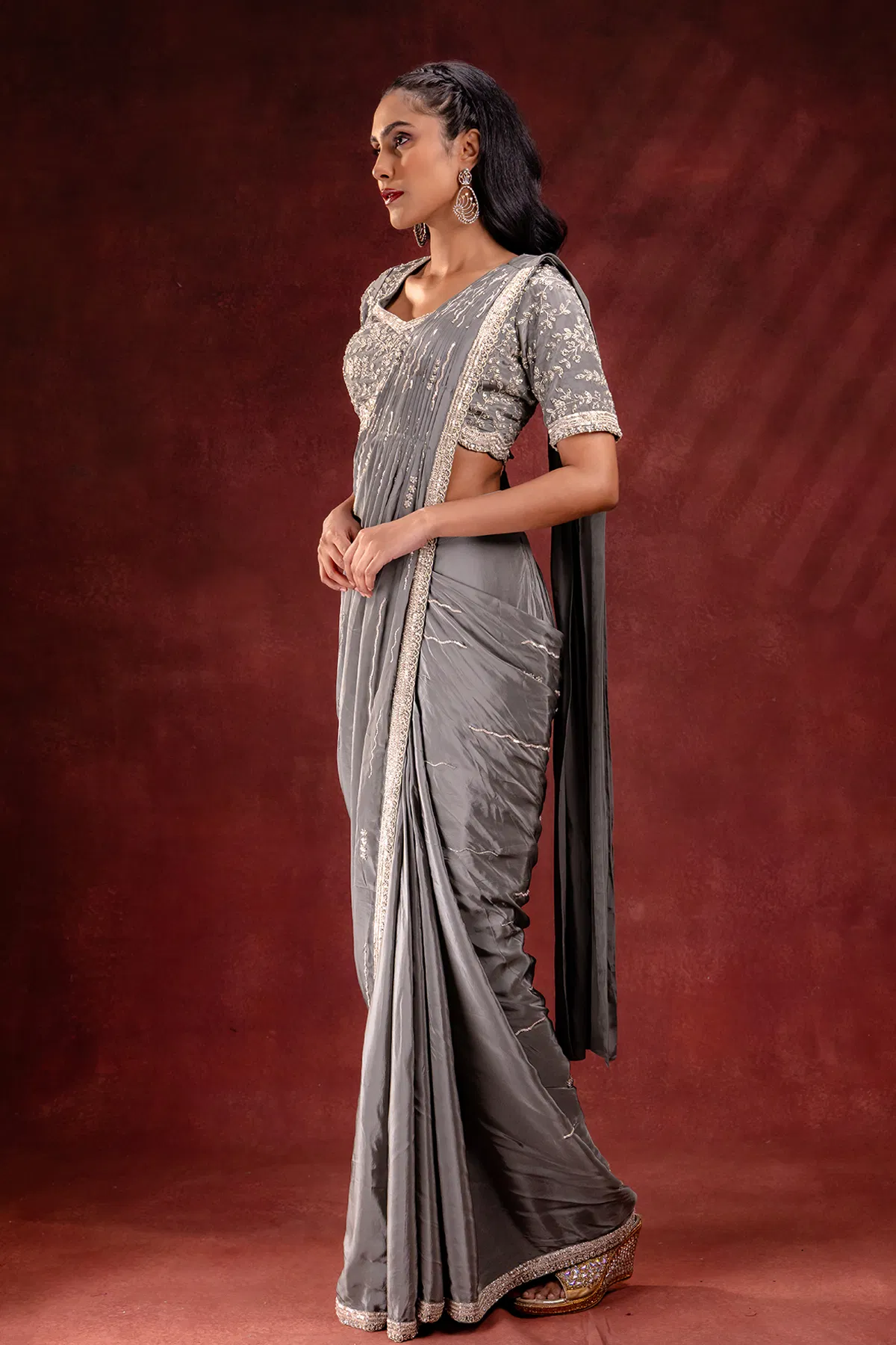 Grey Embroidered Satin Saree (2-Piece) - Image 6