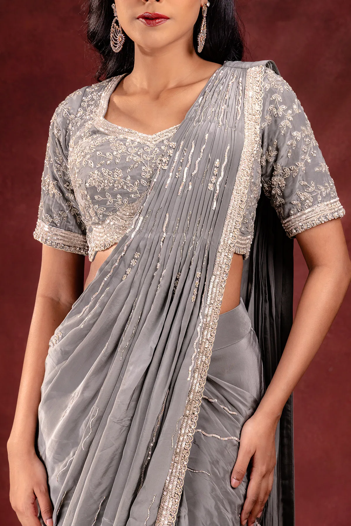 Grey Embroidered Satin Saree (2-Piece) - Image 7