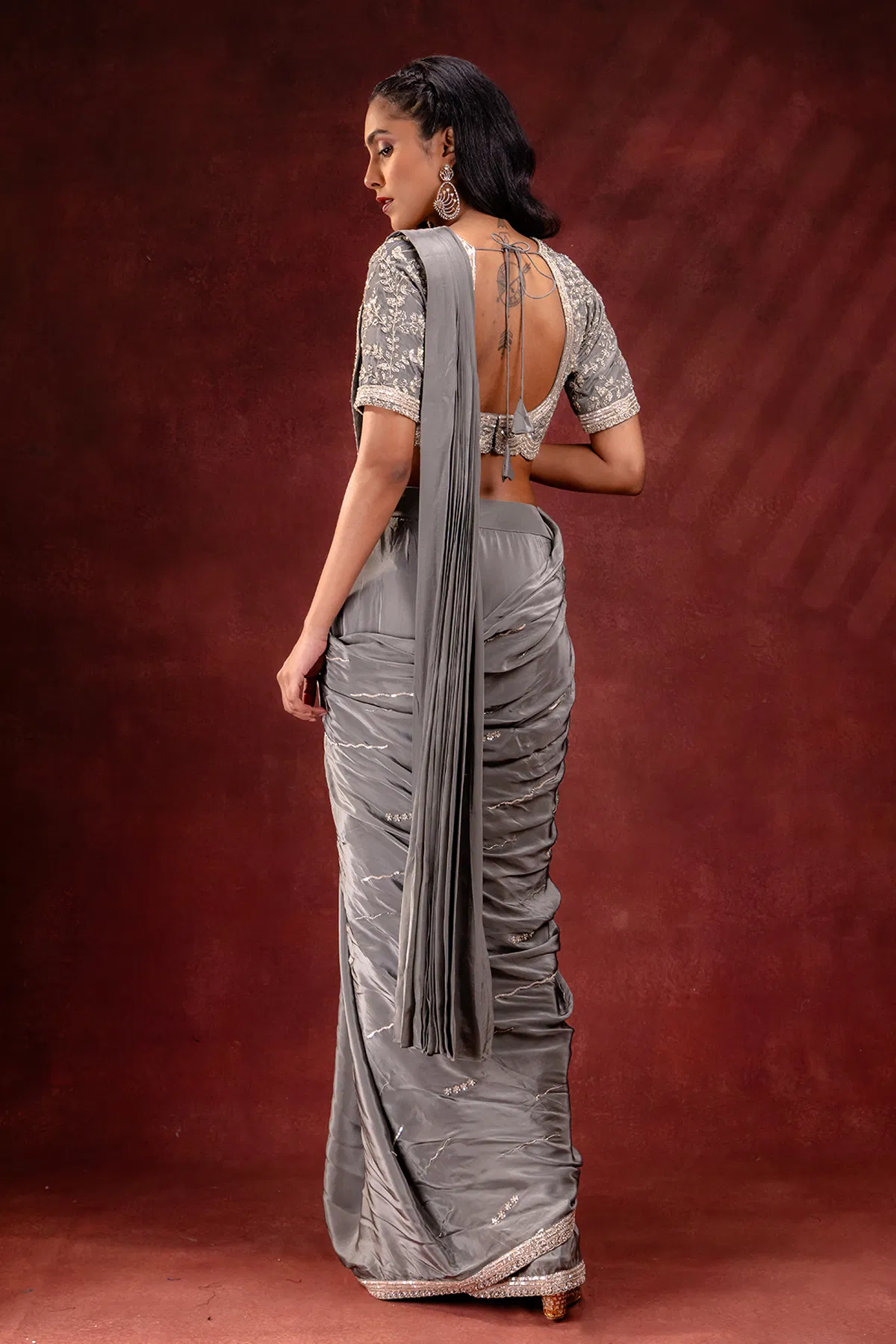 Grey Embroidered Satin Saree (2-Piece) - Image 9