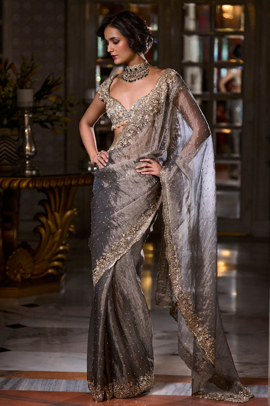Indian Stone Grey Embroidered Tissue Silk Saree (2-Piece) - Image 1