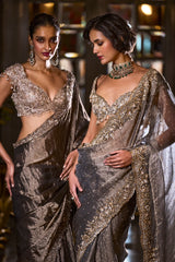 Indian Stone Grey Embroidered Tissue Silk Saree (2-Piece) - Image 5