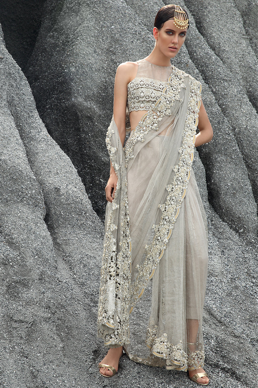 Stone Grey Zari Net Saree with Tissue Choli (2-Piece) - Image 1