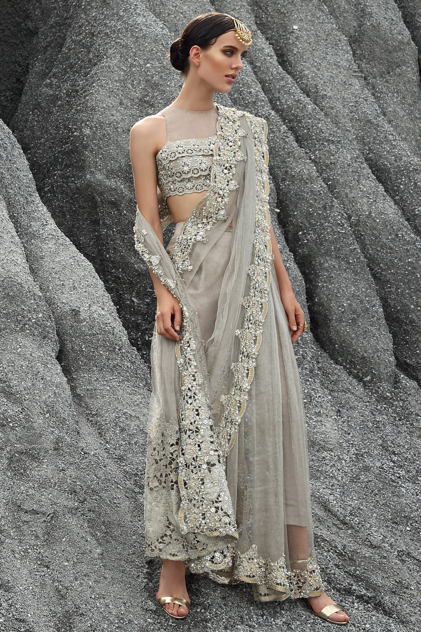 Stone Grey Zari Net Saree with Tissue Choli (2-Piece) - Image 2