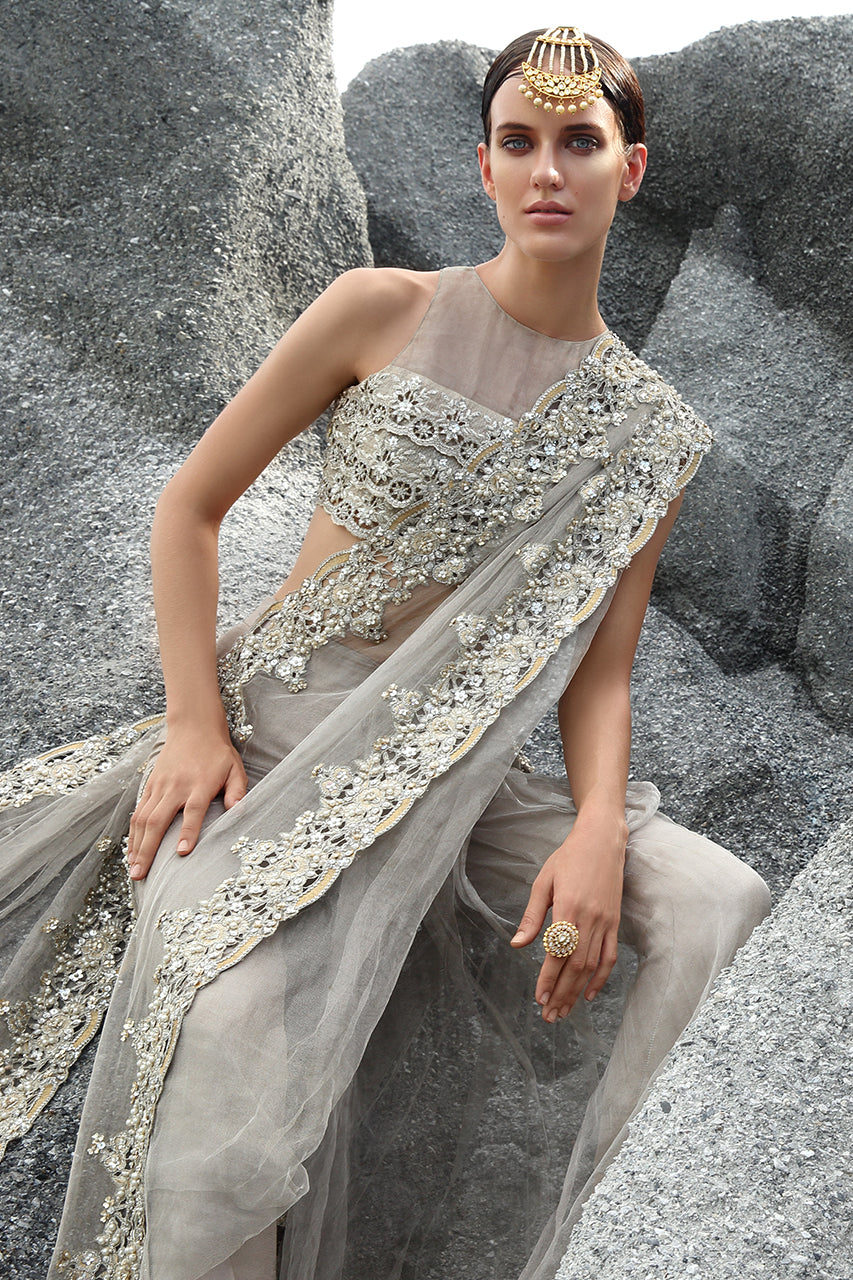 Pakistani Stone Grey Zari Net Saree with Tissue Choli (2-Piece) - Image 4