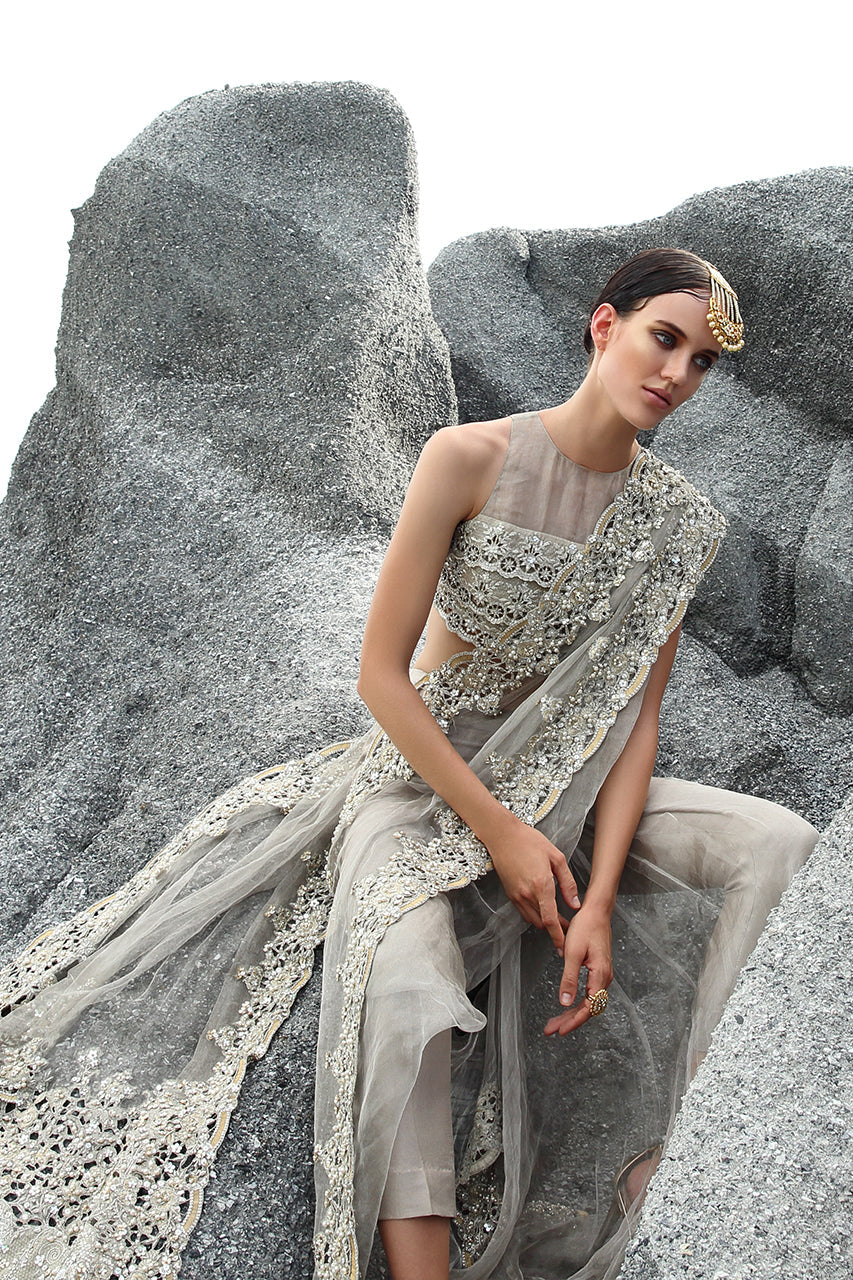 Pakistani Stone Grey Zari Net Saree with Tissue Choli (2-Piece) - Image 5