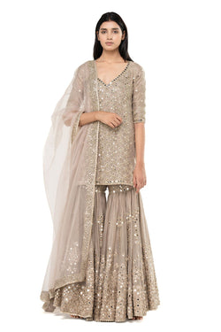 Indian Grey Mirror Work Chanderi Sharara Set (3-Piece) - Image 1