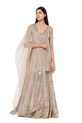 Indian Grey Mirror Work Chanderi Sharara Set (3-Piece) - Image 3