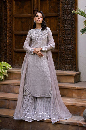 Pakistani Grey Embroidered Chiffon Sharara Set (3-Piece) - Image 1