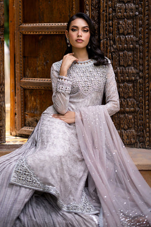 Pakistani Grey Embroidered Chiffon Sharara Set (3-Piece) - Image 2