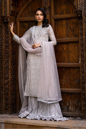 Pakistani Grey Embroidered Chiffon Sharara Set (3-Piece) - Image 4