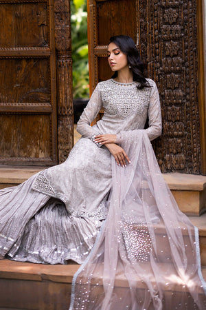 Pakistani Grey Embroidered Chiffon Sharara Set (3-Piece) - Image 6