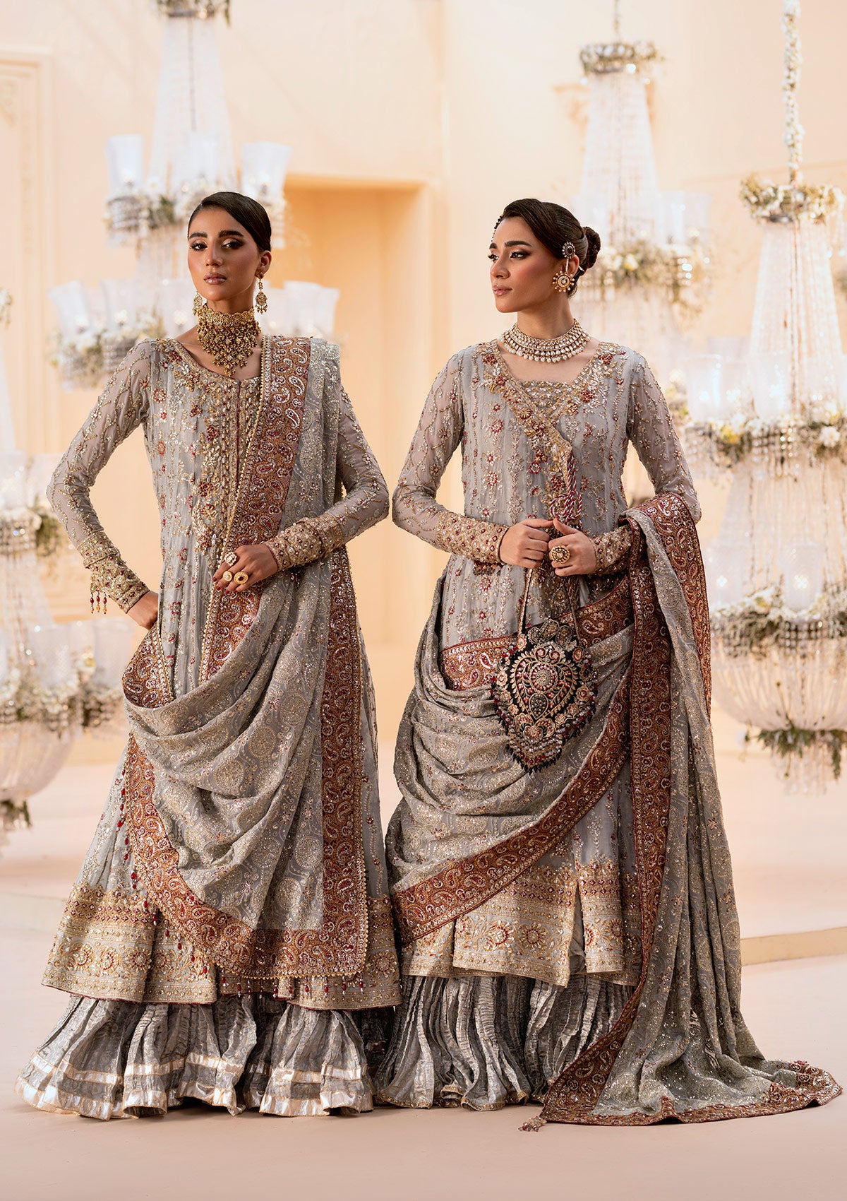 Pakistani Ash Grey Embroidered Chiffon Kalidar Sharara (3-Piece) - Image 1