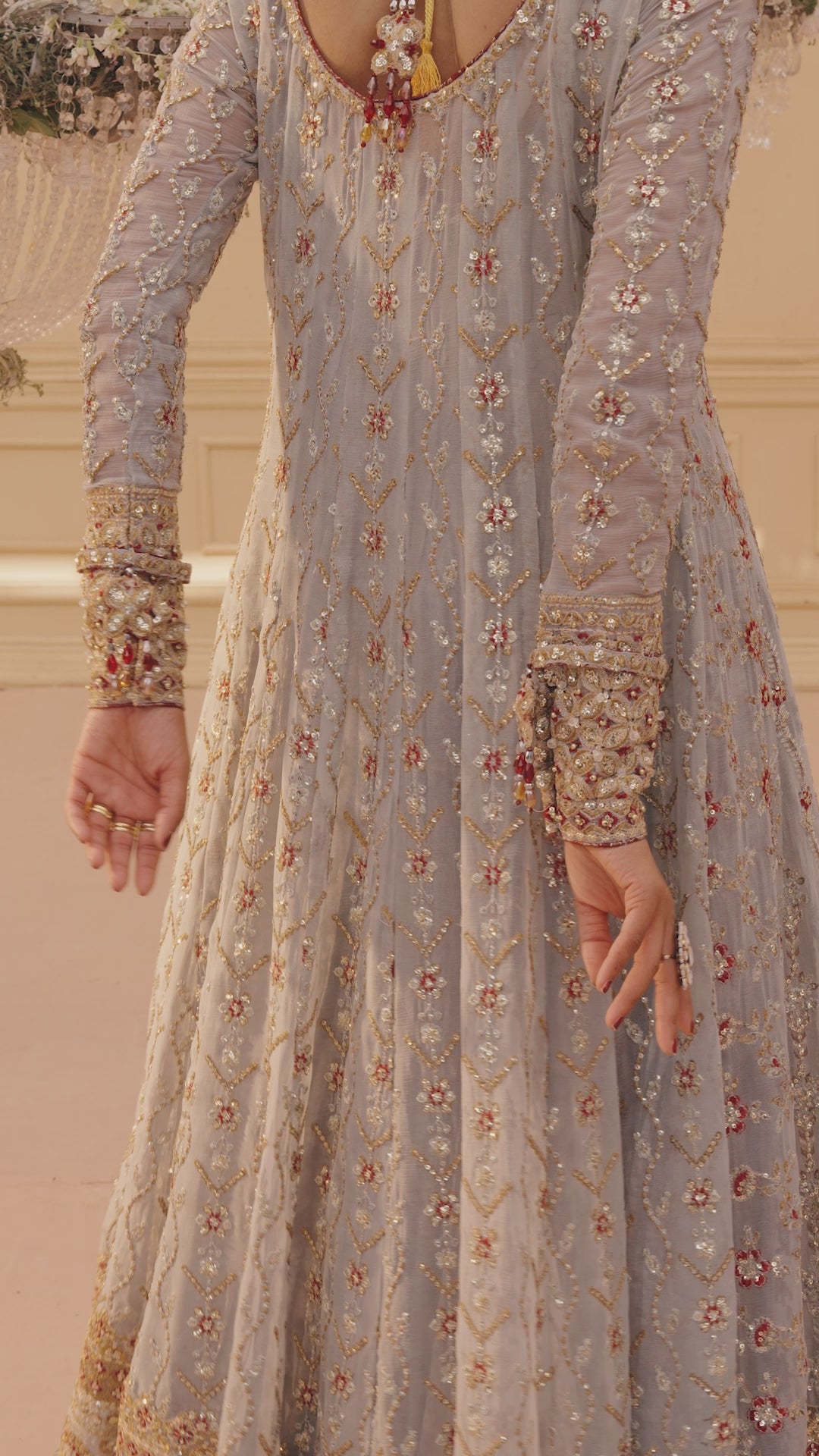 Pakistani Ash Grey Embroidered Chiffon Kalidar Sharara (3-Piece) - Image 12