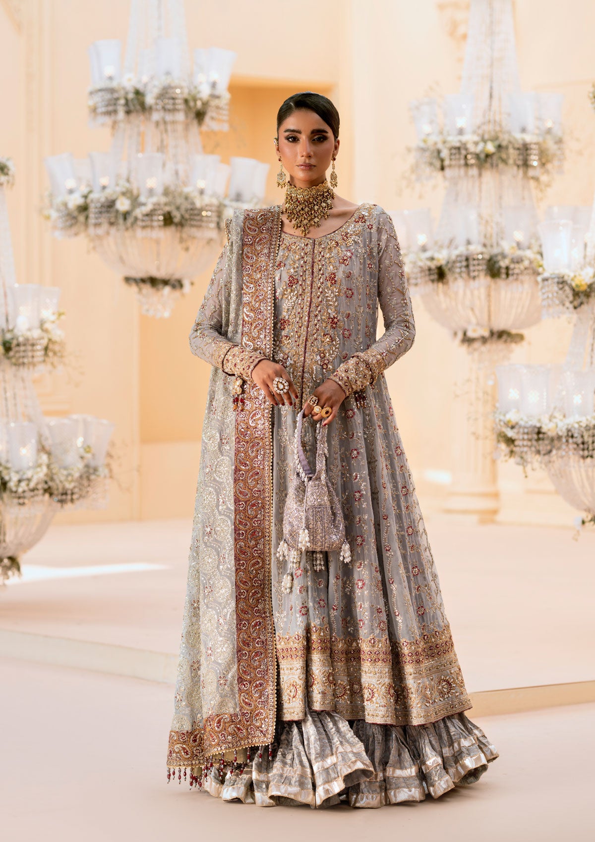 Pakistani Ash Grey Embroidered Chiffon Kalidar Sharara (3-Piece) - Image 2