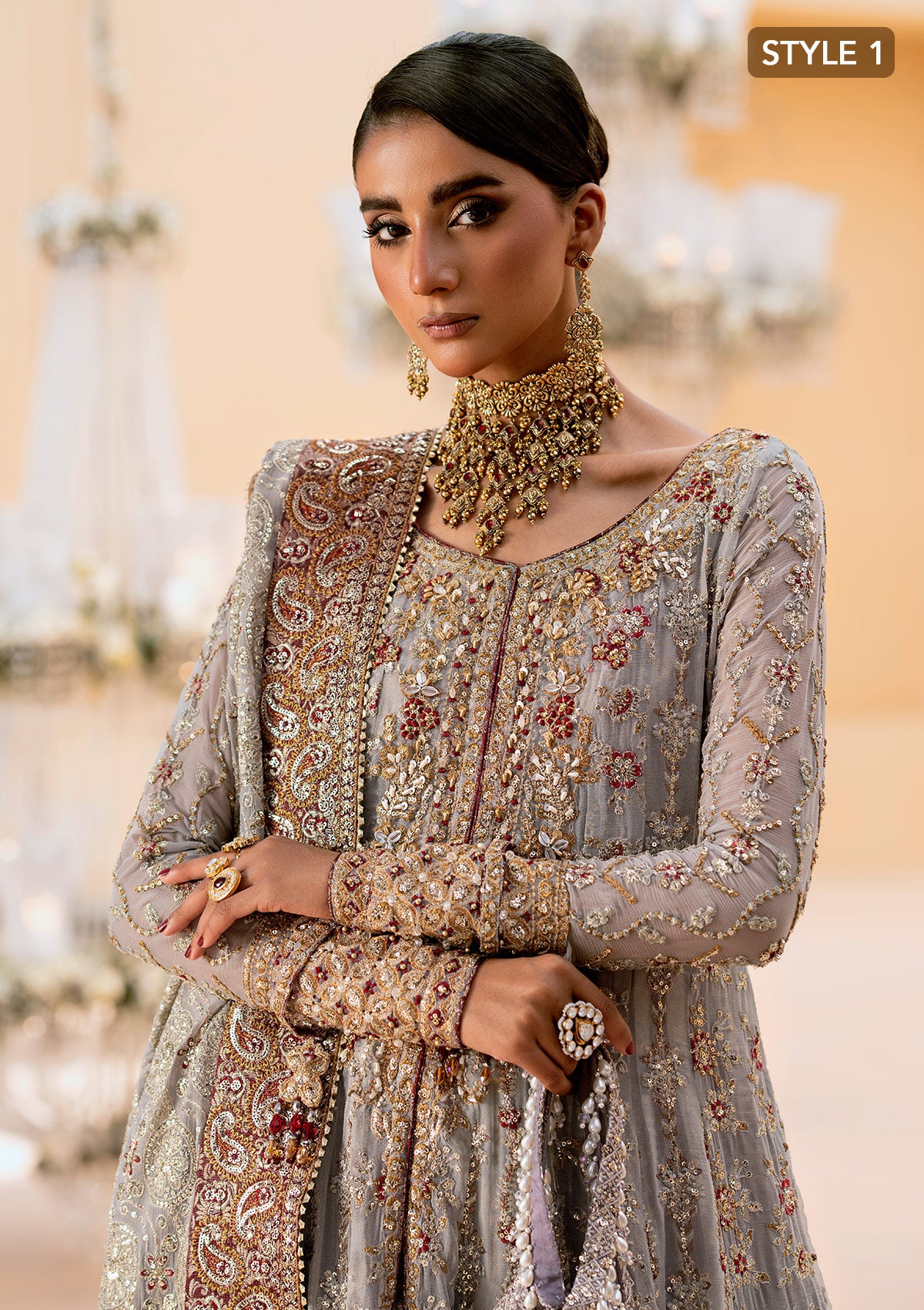 Pakistani Ash Grey Embroidered Chiffon Kalidar Sharara (3-Piece) - Image 5