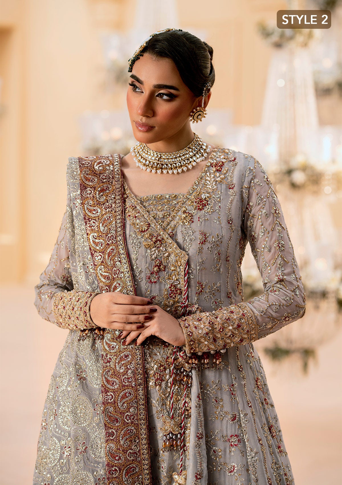 Pakistani Ash Grey Embroidered Chiffon Kalidar Sharara (3-Piece) - Image 8