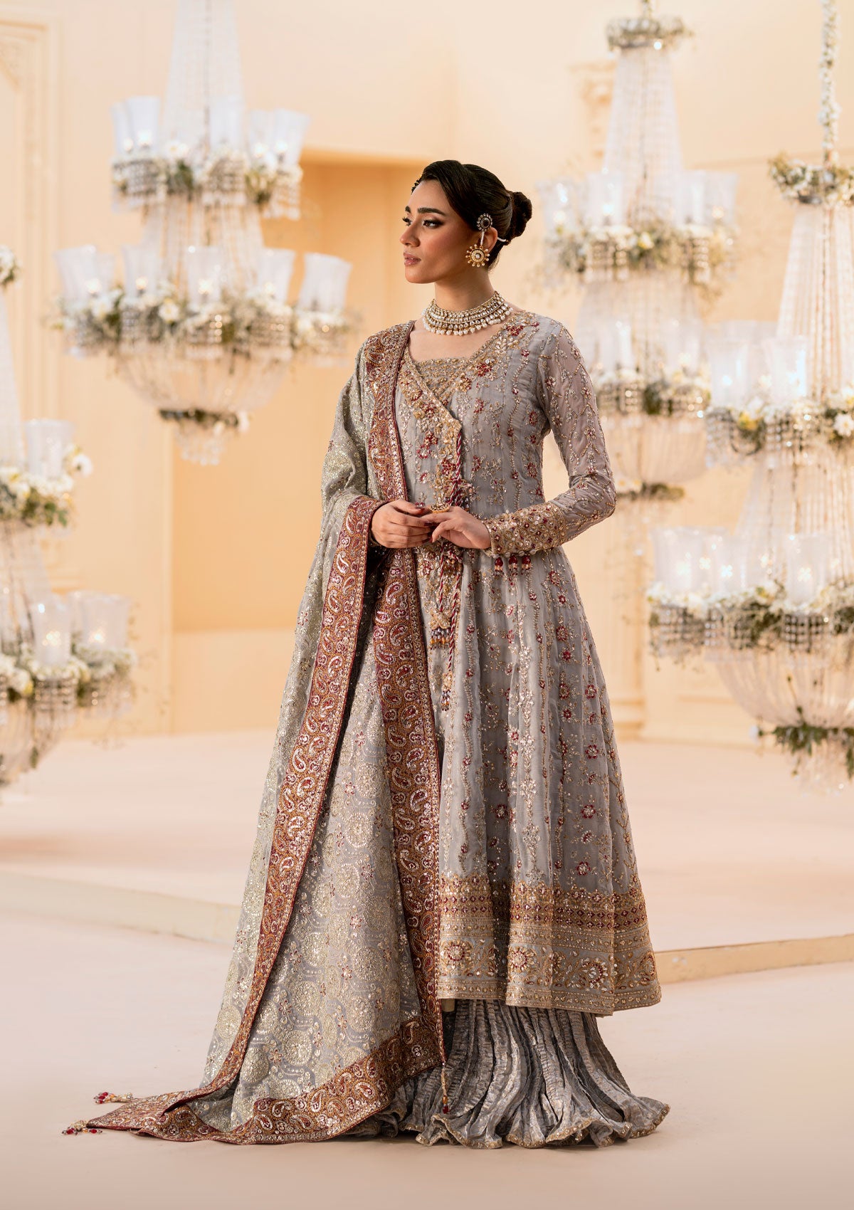 Pakistani Ash Grey Embroidered Chiffon Kalidar Sharara (3-Piece) - Image 9