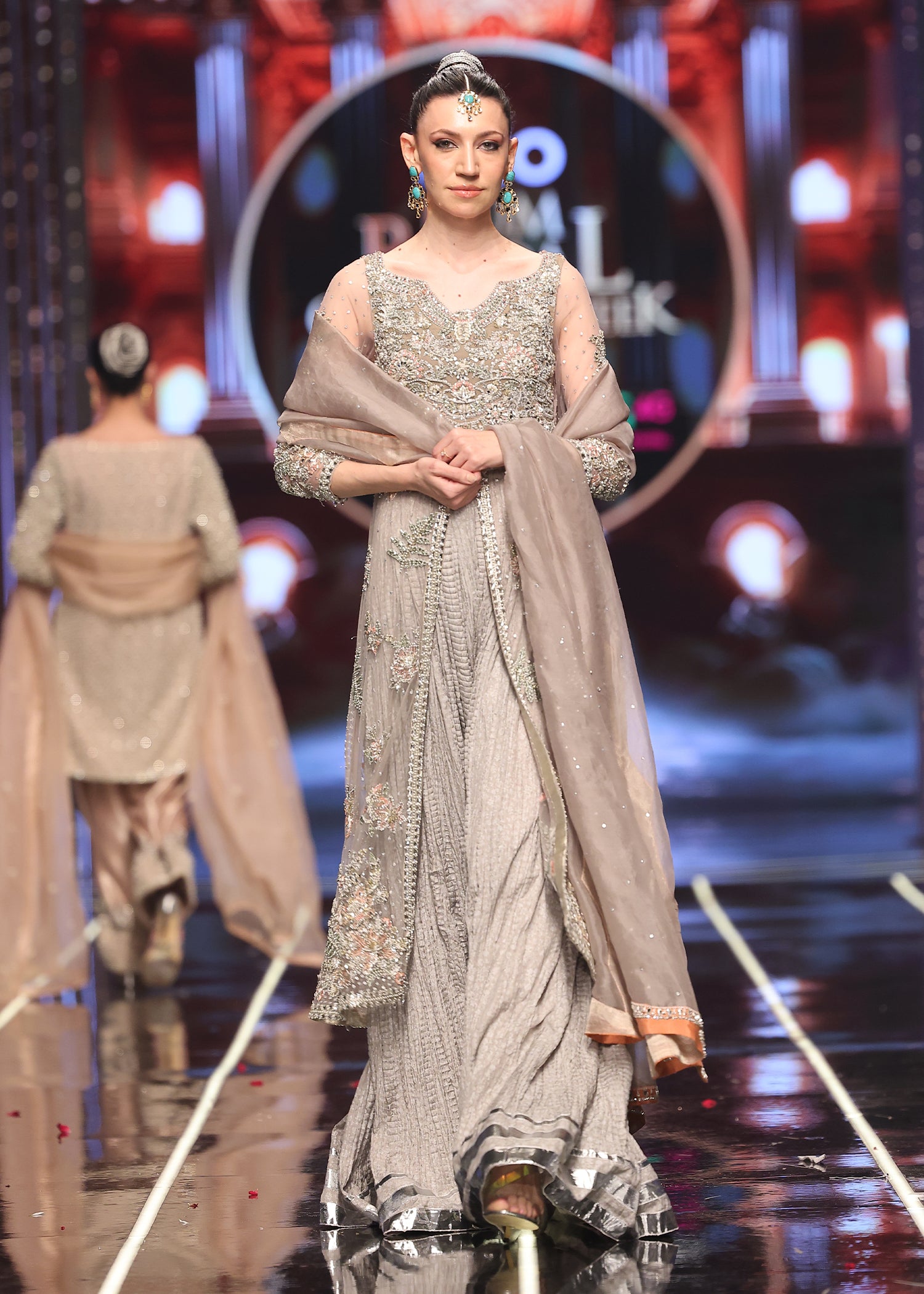 Pakistani Grey Pastel Embroidered Net Jacket Sharara (3-Piece) - Image 1